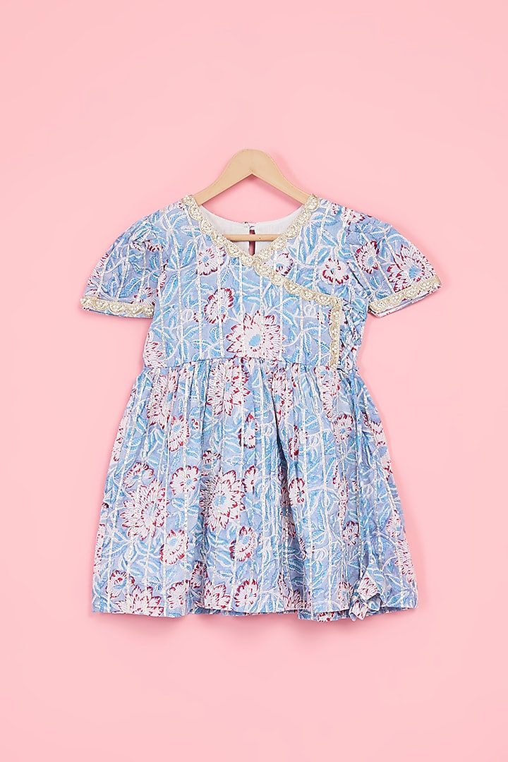 Powder Blue Cotton Gota Work & Printed Dress For Girls by TAMASHA at Pernia's Pop Up Shop