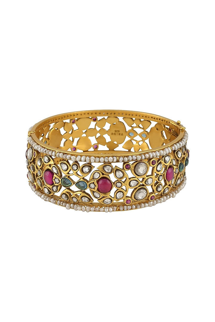 Gold Finish Lotus Handcrafted Bangle In Sterling Silver by Tribe Amrapali at Pernia's Pop Up Shop