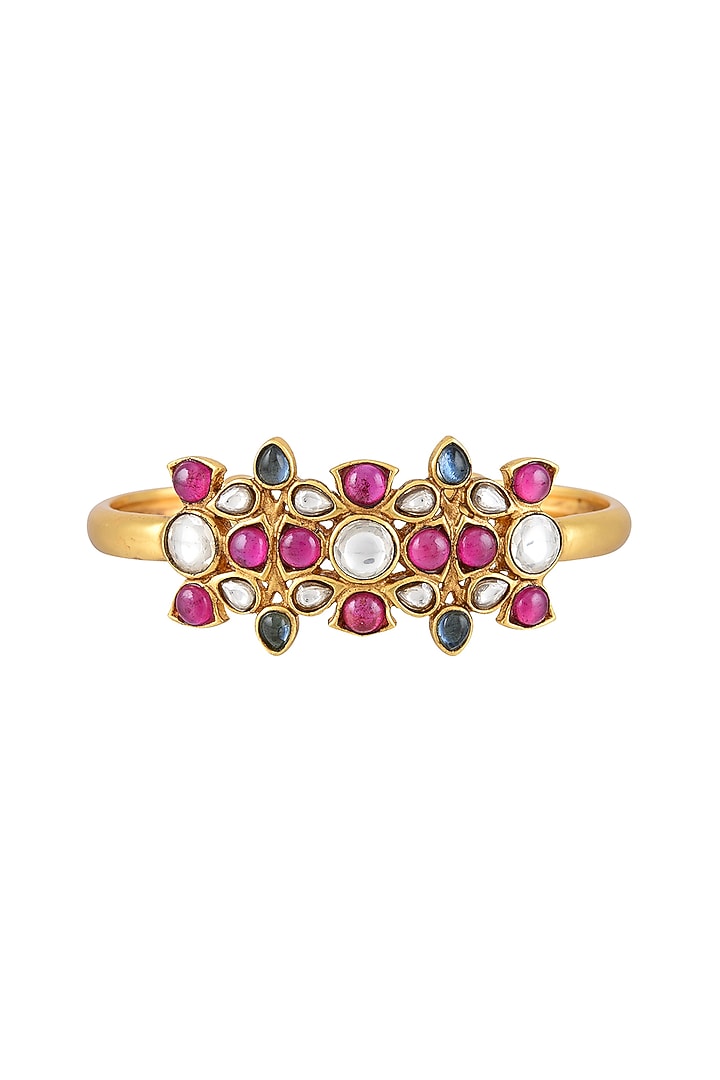 Gold Finish Pearl & Crystal Floral Handcuff by Tribe Amrapali at Pernia's Pop Up Shop