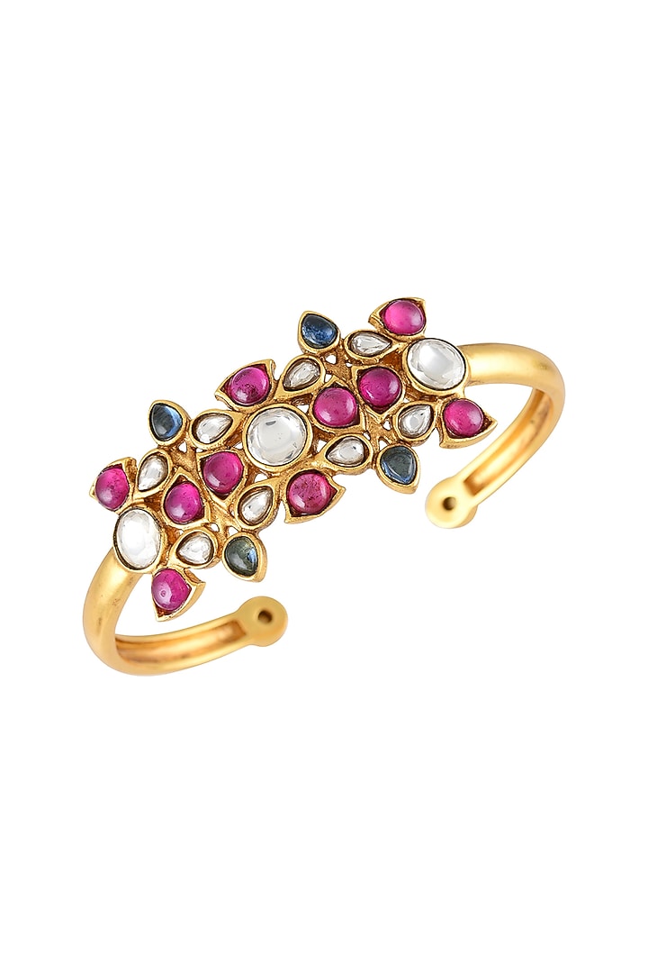 Gold Finish Pearl & Crystal Floral Handcuff by Tribe Amrapali at Pernia's Pop Up Shop