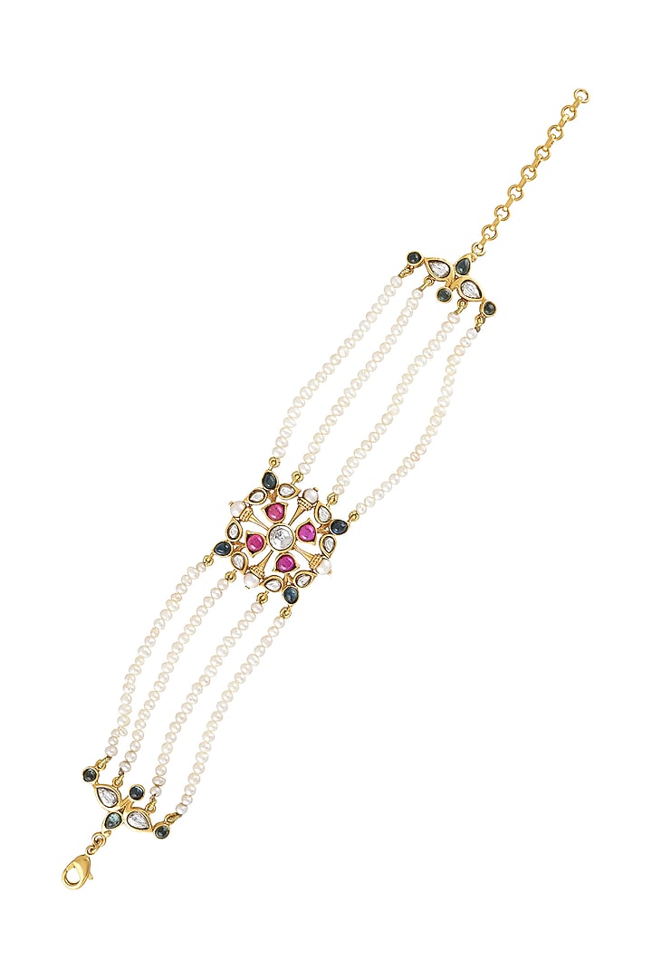 Gold Finish Pearl & Crystal Bracelet by Tribe Amrapali at Pernia's Pop Up Shop