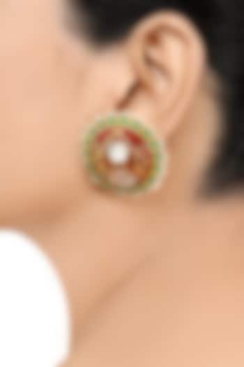 Gold Finish Pearl & Crystal Enameled Floral Stud Earrings by Tribe Amrapali