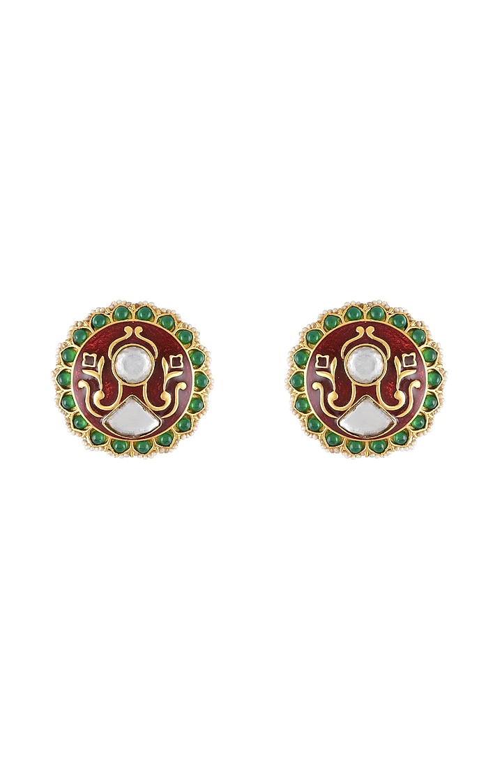 Gold Finish Pearl & Crystal Enameled Floral Stud Earrings by Tribe Amrapali at Pernia's Pop Up Shop
