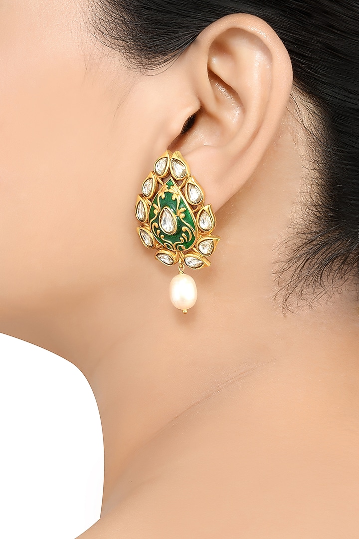 Gold Finish Pearl & Crystal Floral Stud Earrings by Tribe Amrapali at Pernia's Pop Up Shop