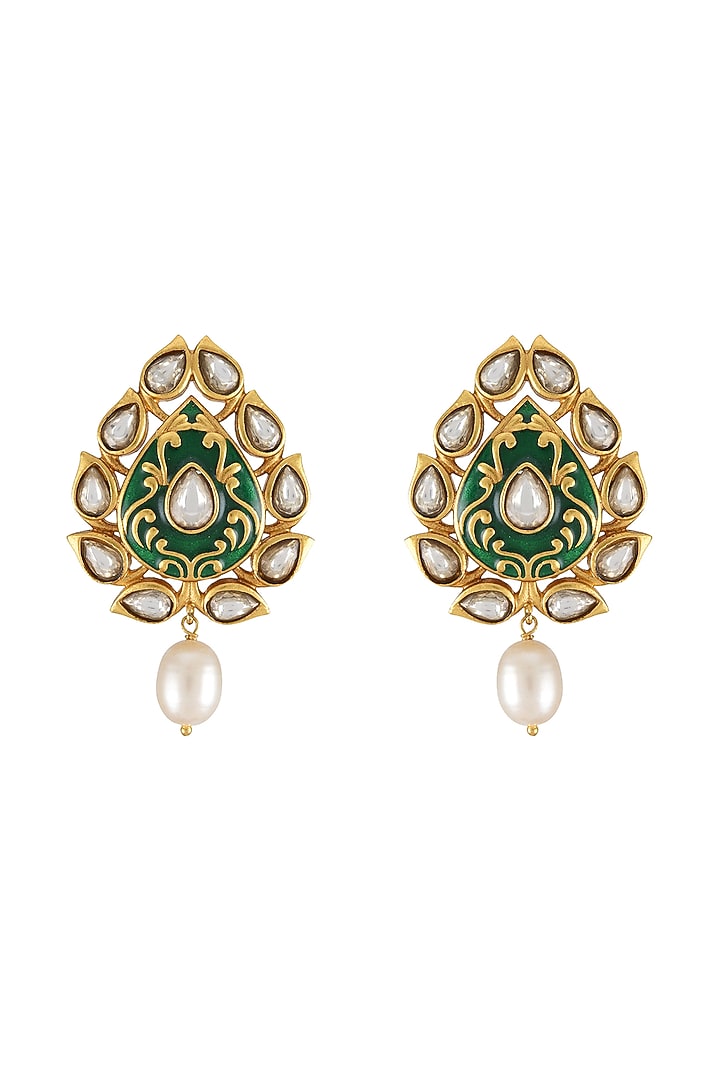 Gold Finish Pearl & Crystal Floral Stud Earrings by Tribe Amrapali at Pernia's Pop Up Shop
