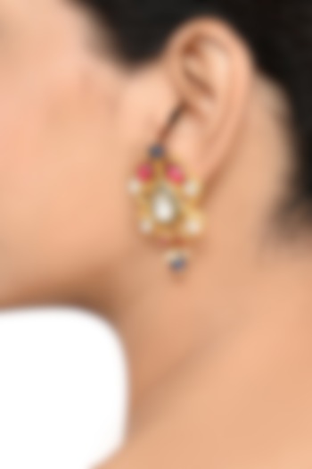 Gold Finish Pearl & Crystal Floral Stud Earrings by Tribe Amrapali at Pernia's Pop Up Shop