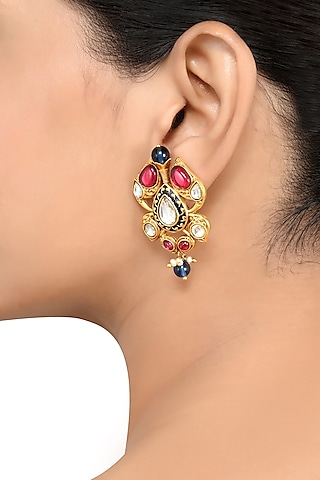 Gold Finish Pearl & Crystal Floral Stud Earrings by Tribe Amrapali