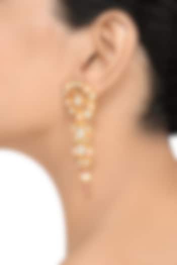 Gold Finish Pearl & Crystal Floral Dangler Earrings by Tribe Amrapali