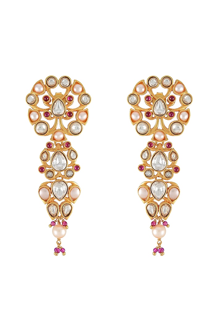 Gold Finish Pearl & Crystal Floral Dangler Earrings by Tribe Amrapali at Pernia's Pop Up Shop