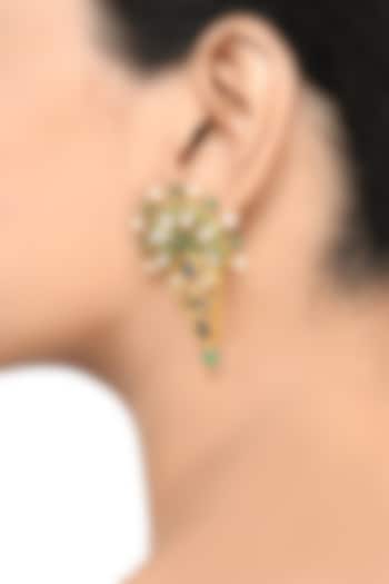 Gold Finish Pearl & Crystal Floral Dangler Earrings by Tribe Amrapali at Pernia's Pop Up Shop