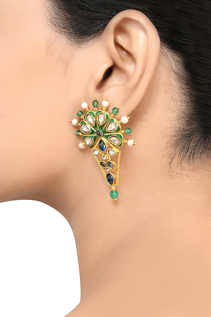 Gold Finish Pearl & Crystal Floral Dangler Earrings by Tribe Amrapali at Pernia's Pop Up Shop