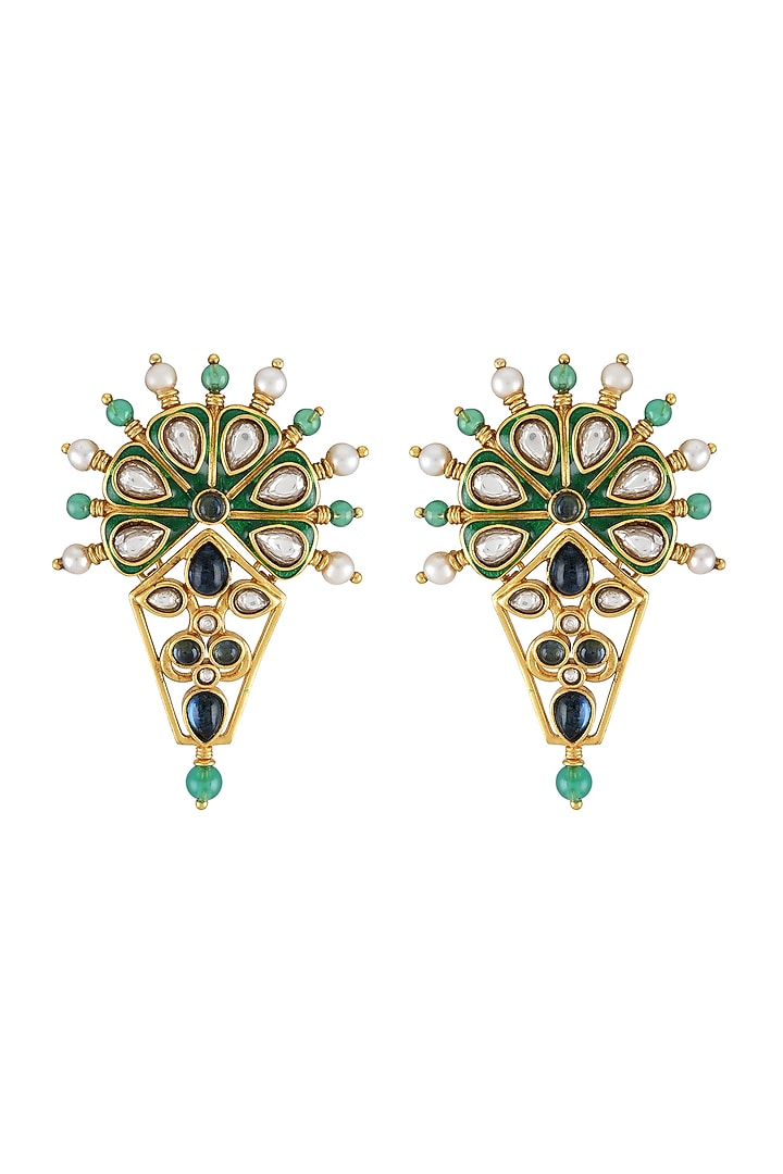 Gold Finish Pearl & Crystal Floral Dangler Earrings by Tribe Amrapali at Pernia's Pop Up Shop
