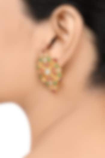 Gold Finish Pearl & Crystal Floral Stud Earrings by Tribe Amrapali at Pernia's Pop Up Shop