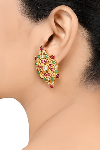 Gold Finish Pearl & Crystal Floral Stud Earrings by Tribe Amrapali