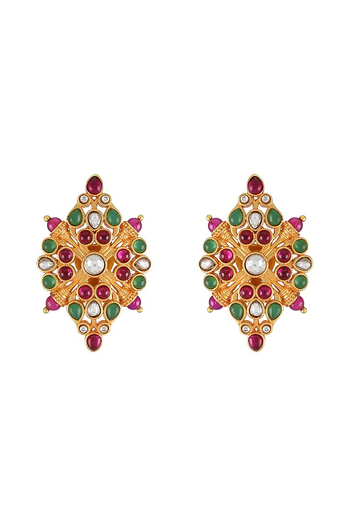 Gold Finish Pearl & Crystal Floral Stud Earrings by Tribe Amrapali at Pernia's Pop Up Shop