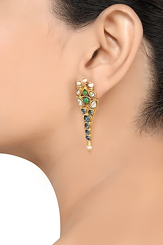 Gold Finish Pearl & Crystal Floral Dangler Earrings by Tribe Amrapali