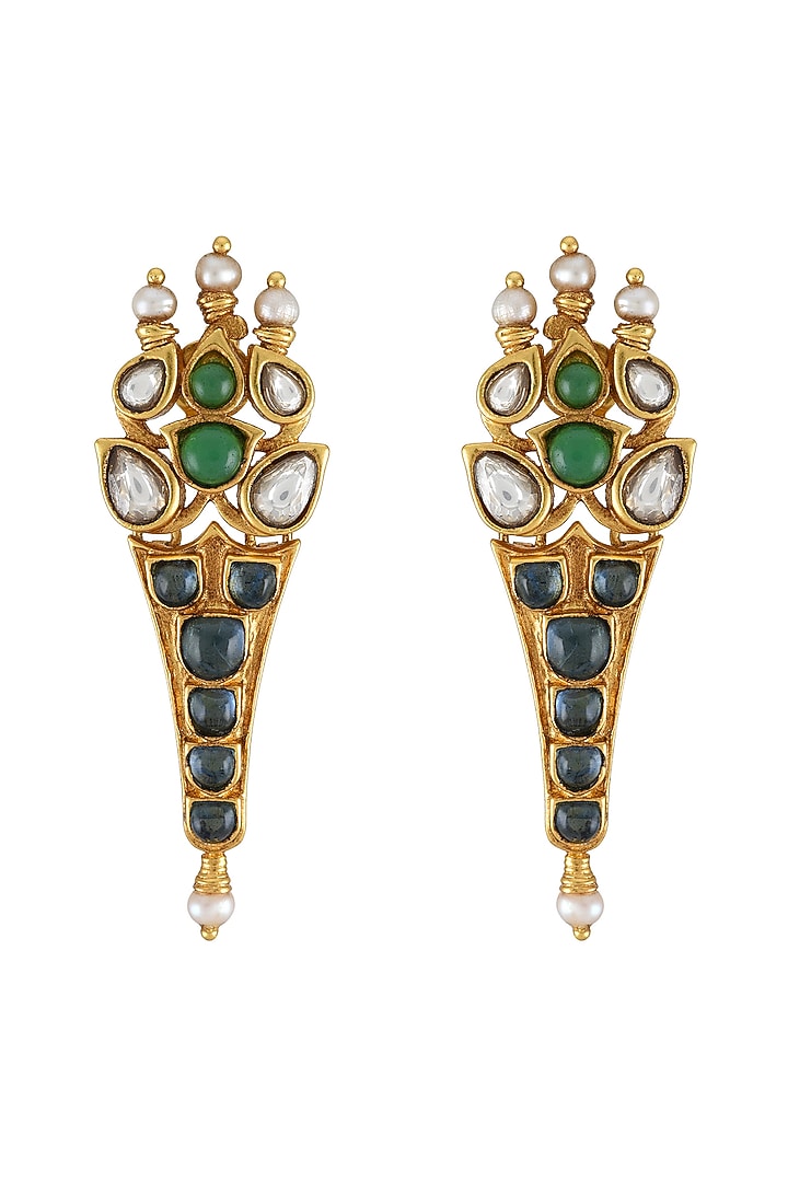 Gold Finish Pearl & Crystal Floral Dangler Earrings by Tribe Amrapali at Pernia's Pop Up Shop