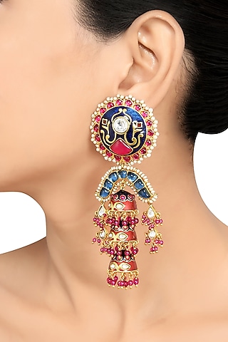 Gold Finish Pearl & Crystal Floral Dangler Earrings by Tribe Amrapali