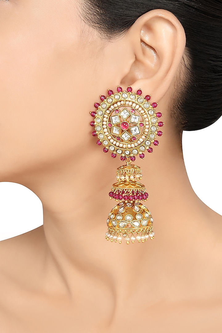 Gold Finish Pearl & Crystal Floral Dangler Earrings by Tribe Amrapali