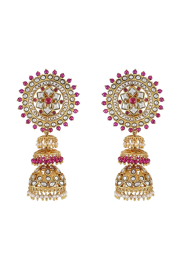 Gold Finish Pearl & Crystal Floral Dangler Earrings by Tribe Amrapali at Pernia's Pop Up Shop