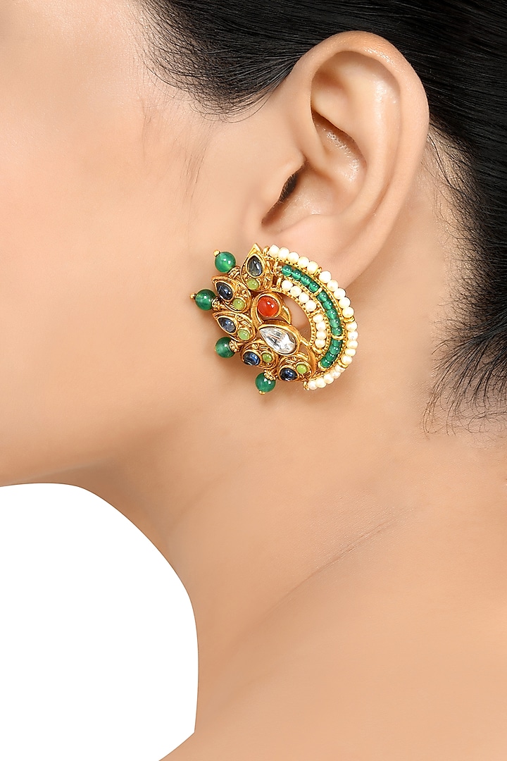 Gold Finish Pearl & Crystal Floral Stud Earrings by Tribe Amrapali