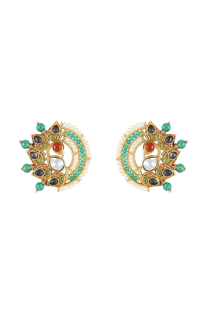 Gold Finish Pearl & Crystal Floral Stud Earrings by Tribe Amrapali at Pernia's Pop Up Shop