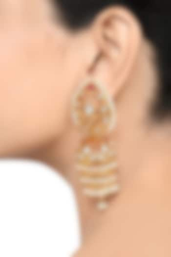 Gold Finish Pearl & Crystal Floral Dangler Earrings by Tribe Amrapali