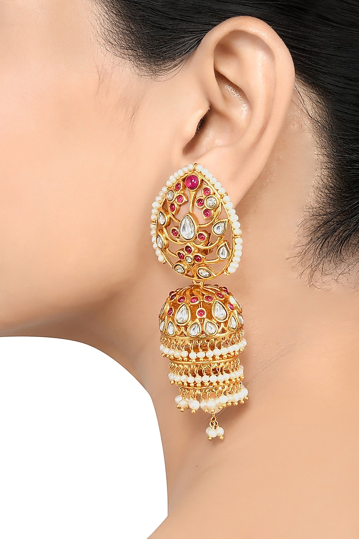 Gold Finish Pearl & Crystal Floral Dangler Earrings by Tribe Amrapali