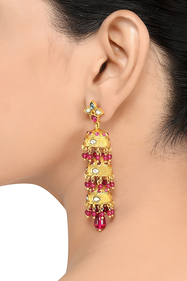 Gold Finish Pearl & Crystal Floral Dangler Earrings by Tribe Amrapali at Pernia's Pop Up Shop