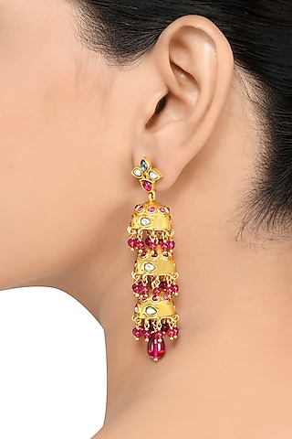 Gold Finish Pearl & Crystal Floral Dangler Earrings by Tribe Amrapali
