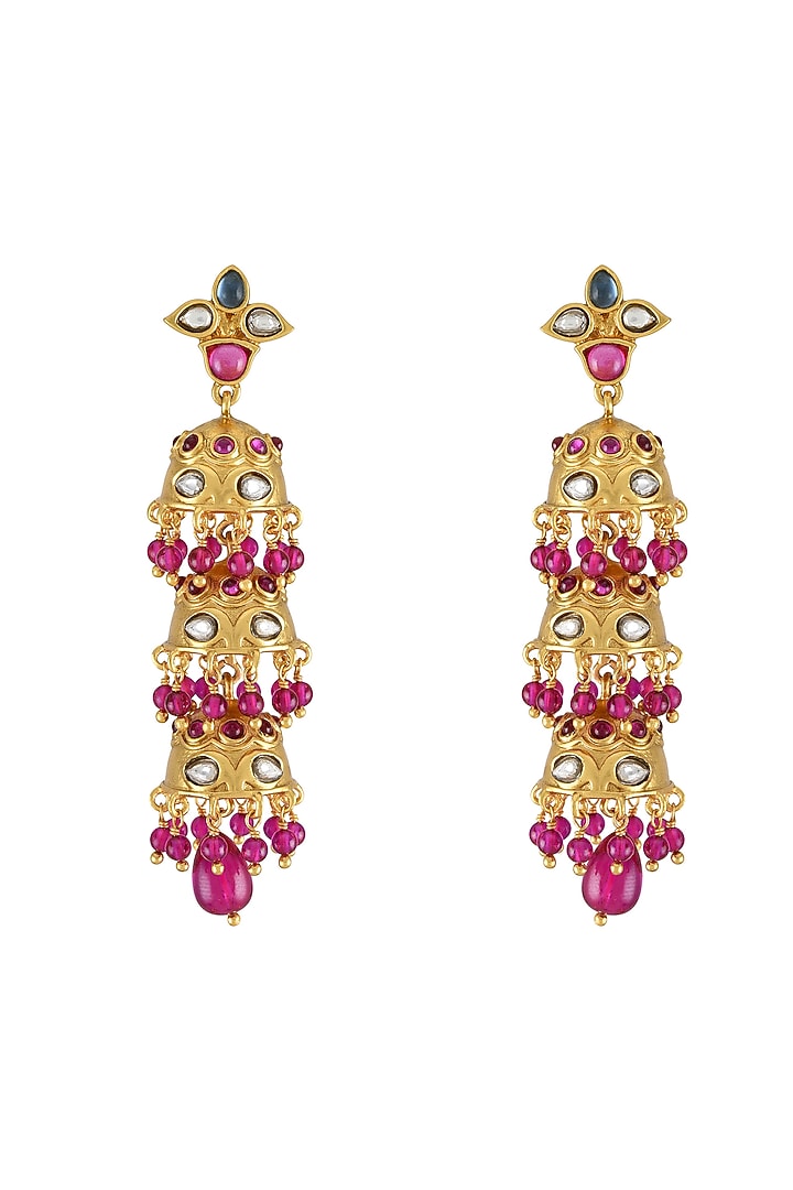 Gold Finish Pearl & Crystal Floral Dangler Earrings by Tribe Amrapali at Pernia's Pop Up Shop