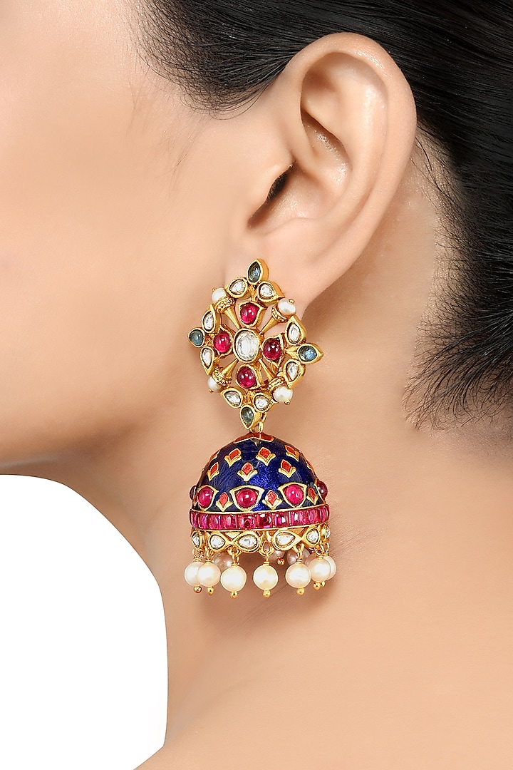 Gold Finish Pearl & Crystal Floral Dangler Earrings by Tribe Amrapali at Pernia's Pop Up Shop