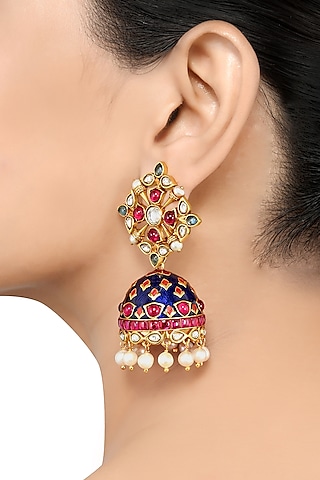 Gold Finish Pearl & Crystal Floral Dangler Earrings by Tribe Amrapali