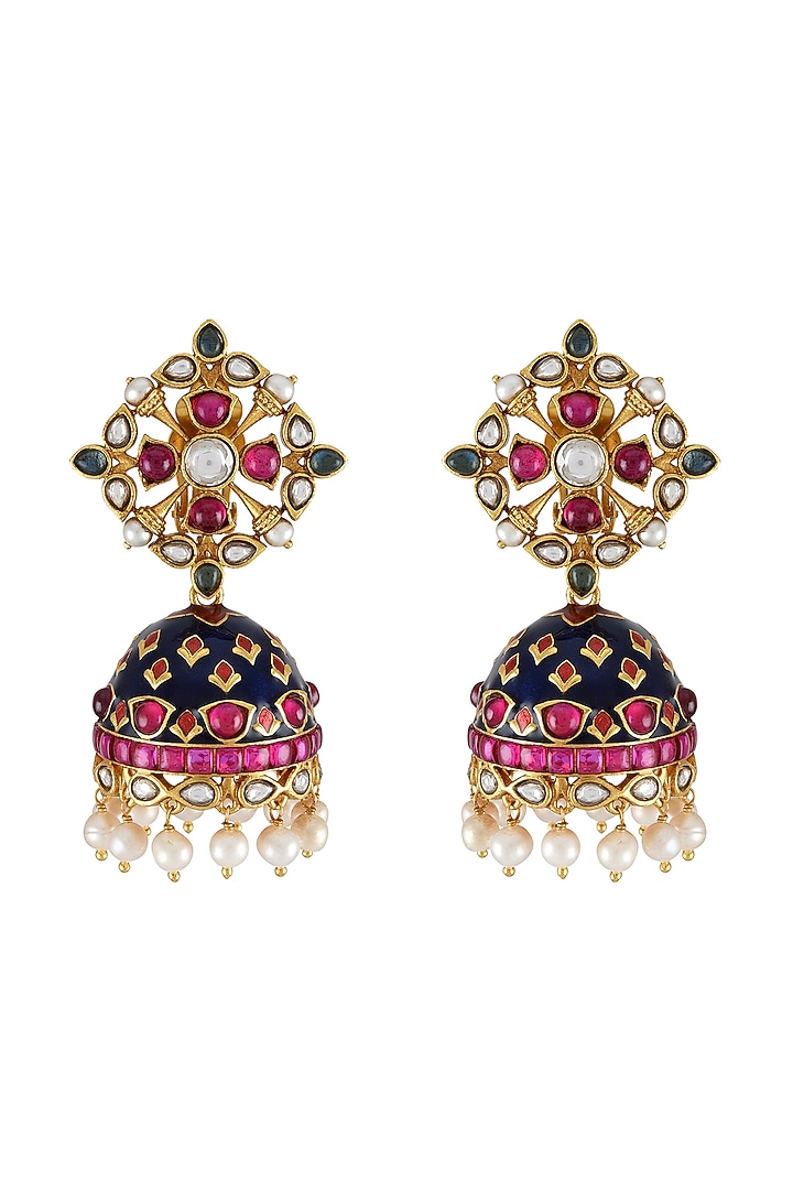 Gold Finish Pearl & Crystal Floral Dangler Earrings by Tribe Amrapali at Pernia's Pop Up Shop