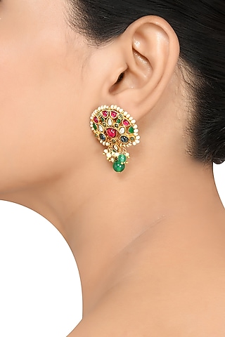Gold Finish Pearl & Crystal Floral Stud Earrings by Tribe Amrapali