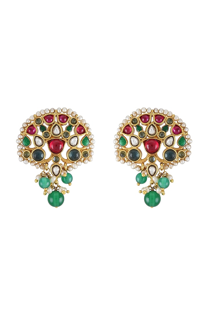 Gold Finish Pearl & Crystal Floral Stud Earrings by Tribe Amrapali at Pernia's Pop Up Shop