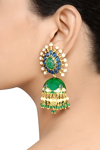Gold Finish Pearl & Crystal Floral Dangler Earrings by Tribe Amrapali