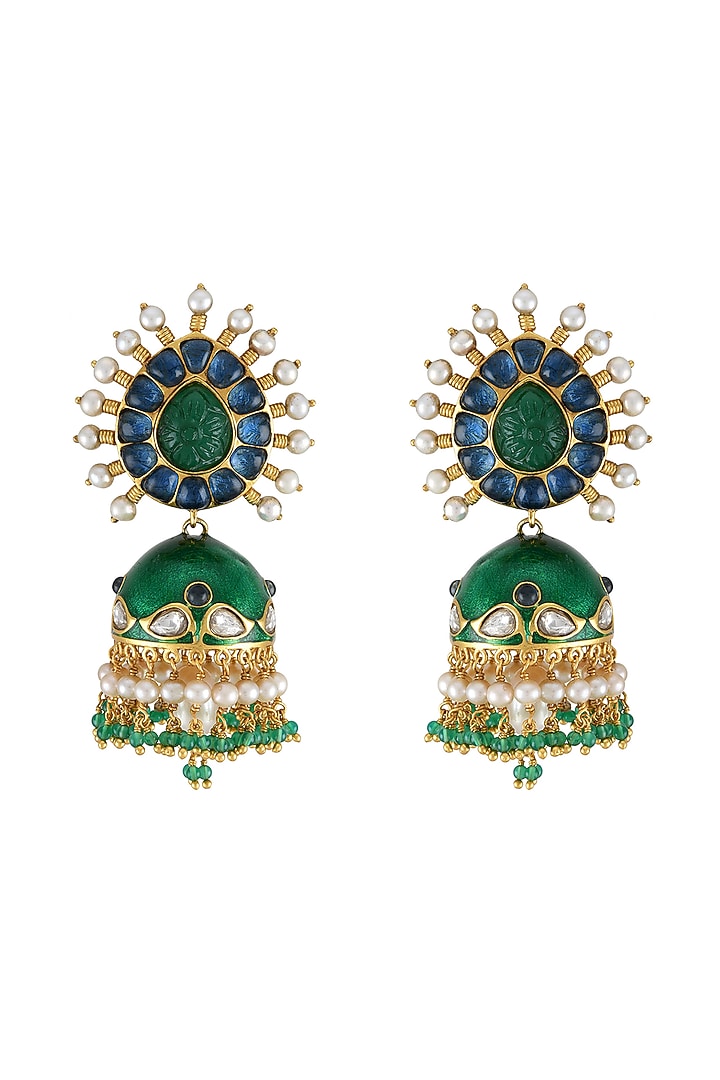 Gold Finish Pearl & Crystal Floral Dangler Earrings by Tribe Amrapali at Pernia's Pop Up Shop