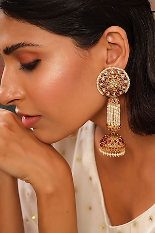 Gold Finish Pearl & Crystal Floral Dangler Earrings by Tribe Amrapali