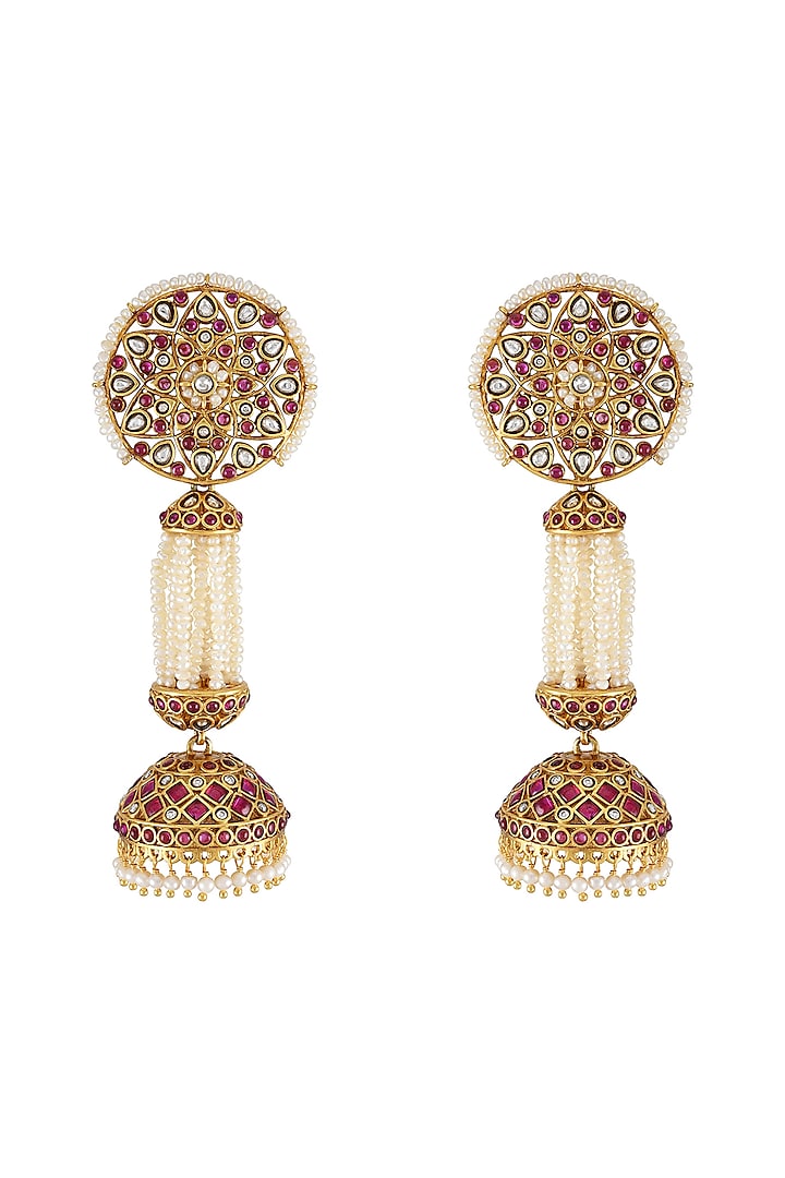 Gold Finish Pearl & Crystal Floral Dangler Earrings by Tribe Amrapali at Pernia's Pop Up Shop