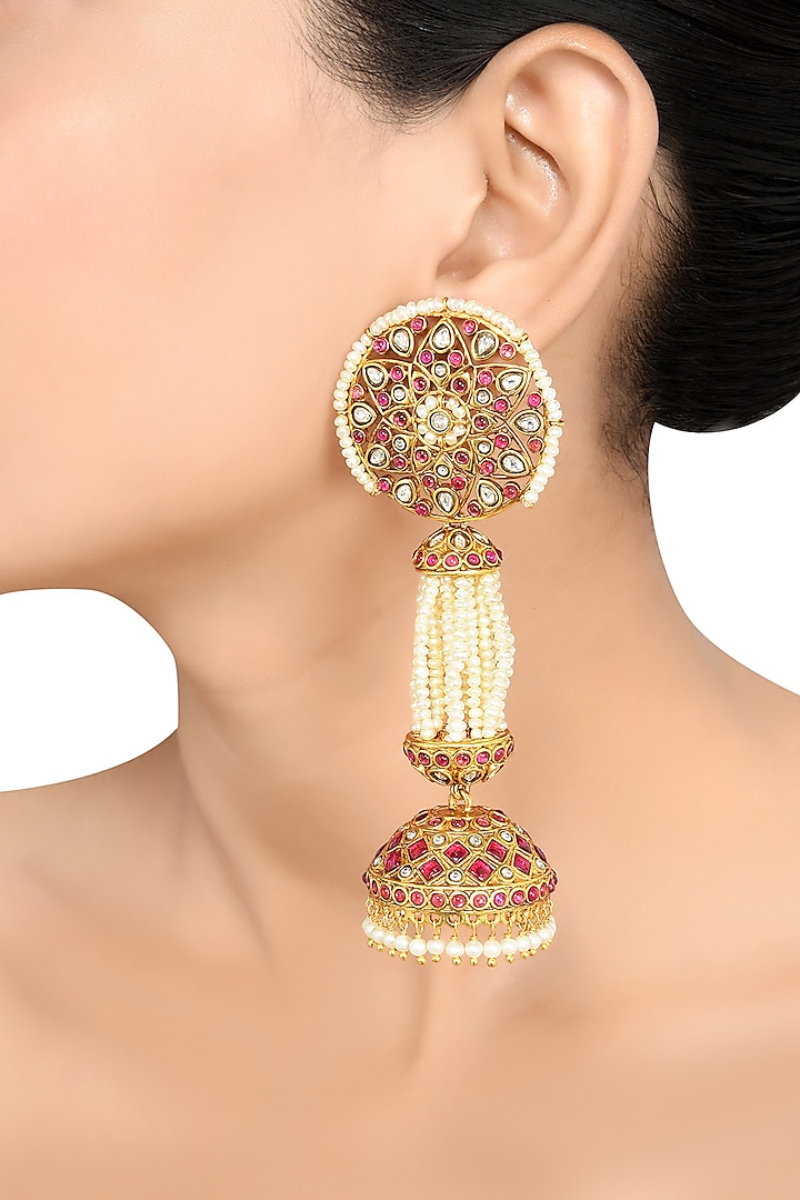 Gold Finish Pearl & Crystal Floral Dangler Earrings by Tribe Amrapali at Pernia's Pop Up Shop