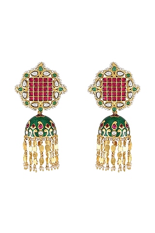 Gold Finish Pearl & Crystal Floral Dangler Earrings by Tribe Amrapali