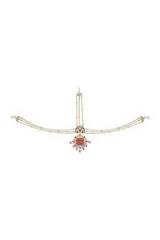 Gold Finish Pearl & Crystal Floral Mathapatti by Tribe Amrapali