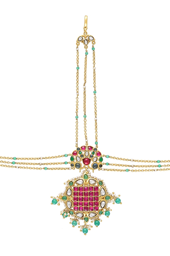 Gold Finish Pearl & Crystal Floral Mathapatti by Tribe Amrapali at Pernia's Pop Up Shop