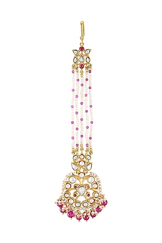 Gold Finish Pearl & Crystal Enameled Floral Maangtikka by Tribe Amrapali