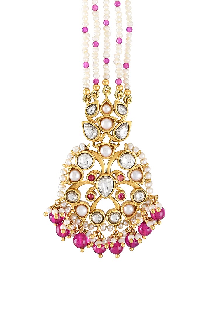 Gold Finish Pearl & Crystal Enameled Floral Maangtikka by Tribe Amrapali at Pernia's Pop Up Shop
