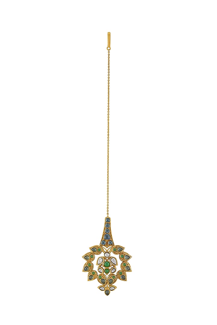 Gold Finish Pearl & Crystal Floral Maangtikka by Tribe Amrapali at Pernia's Pop Up Shop