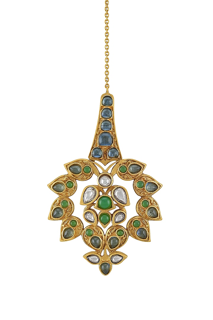 Gold Finish Pearl & Crystal Floral Maangtikka by Tribe Amrapali at Pernia's Pop Up Shop