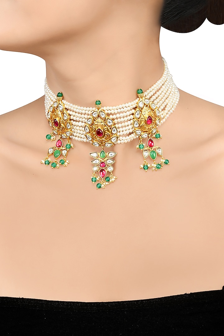 Gold Finish Pearl & Crystal Floral Choker Necklace by Tribe Amrapali