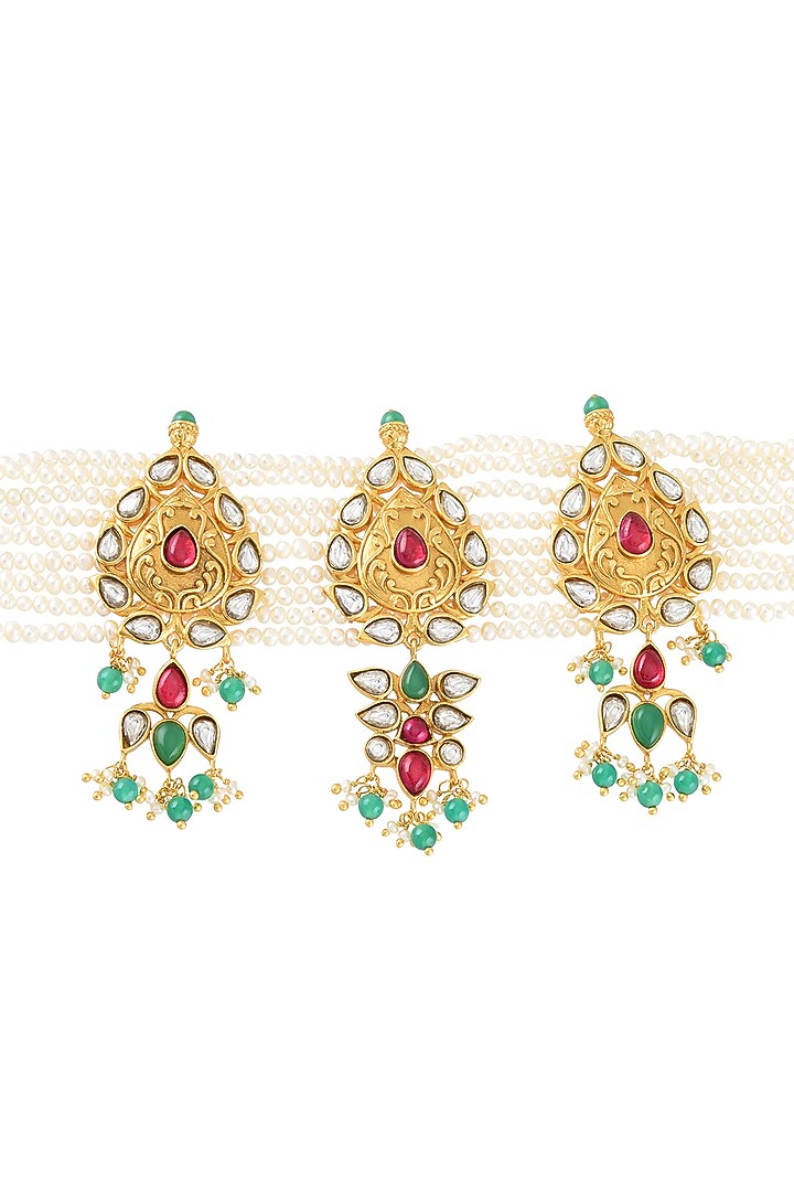 Gold Finish Pearl & Crystal Floral Choker Necklace by Tribe Amrapali at Pernia's Pop Up Shop